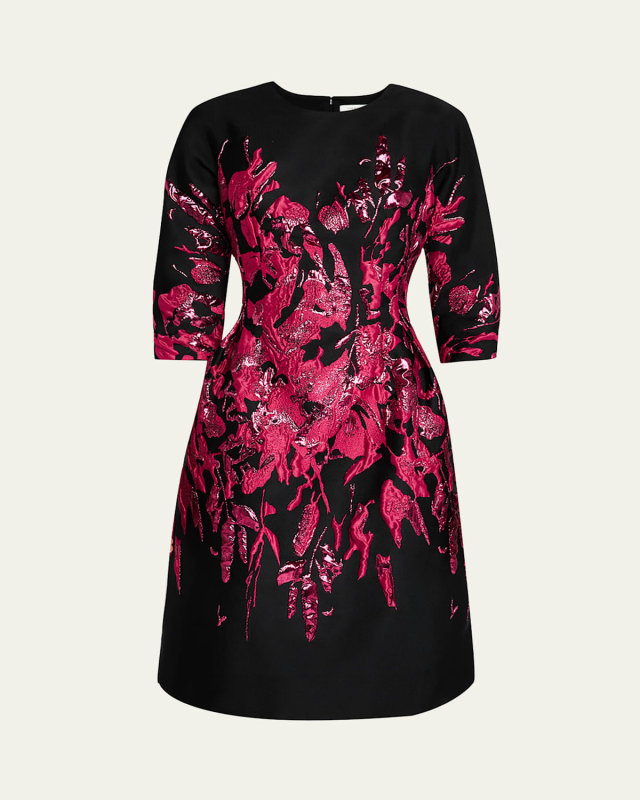 3/4-Sleeve Border Metallic Jacquard Dress